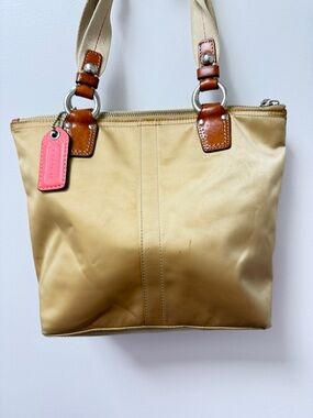 Coach Beige Tote with Brown Leather Trim and Pink Tag